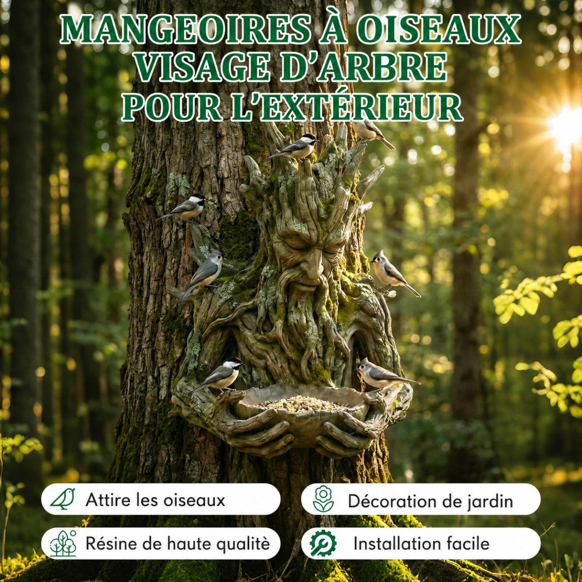 Mangeoire à Oiseaux Visage d'Arbre – Décoration de Jardin en Résine