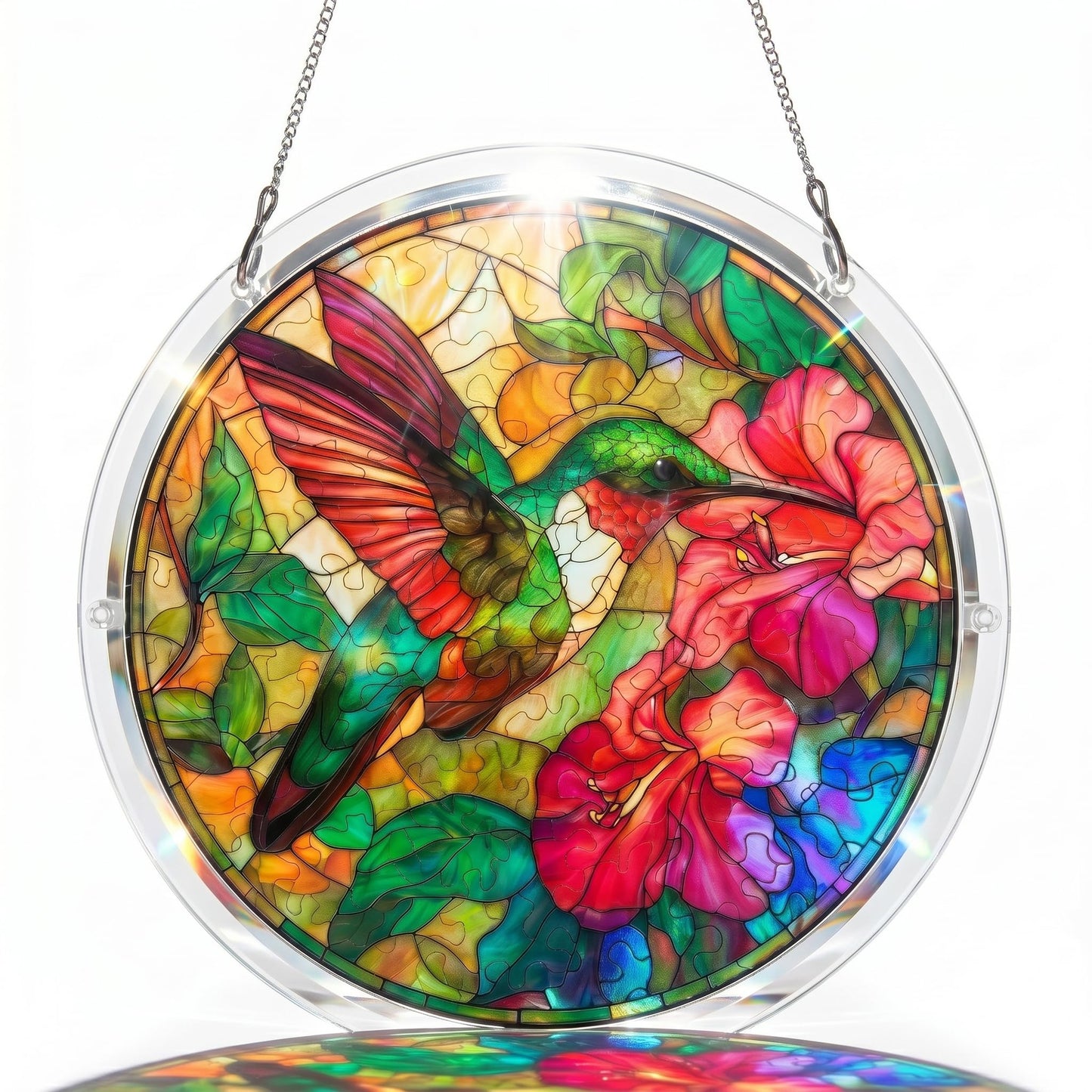 Attrape-Soleil en Acrylique Effet Vitrail – Colibri et fleurs