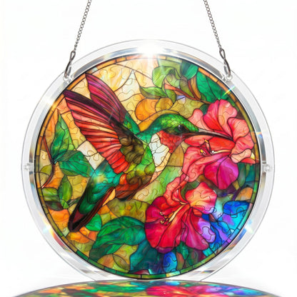Attrape-Soleil en Acrylique Effet Vitrail – Colibri et fleurs