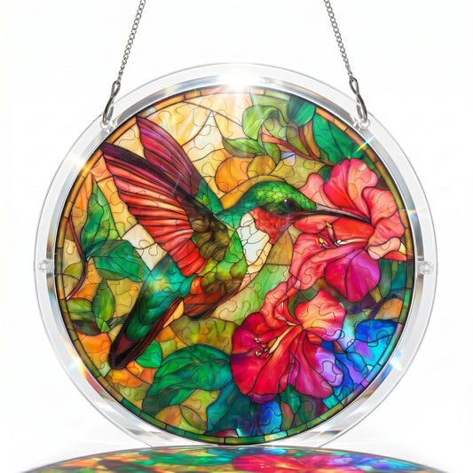 Attrape-Soleil en Acrylique Effet Vitrail – Colibri et fleurs